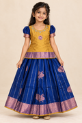 Blue and Golden Yellow Pattu Pavadai / Lehenga - Girls Ethnic Wear
