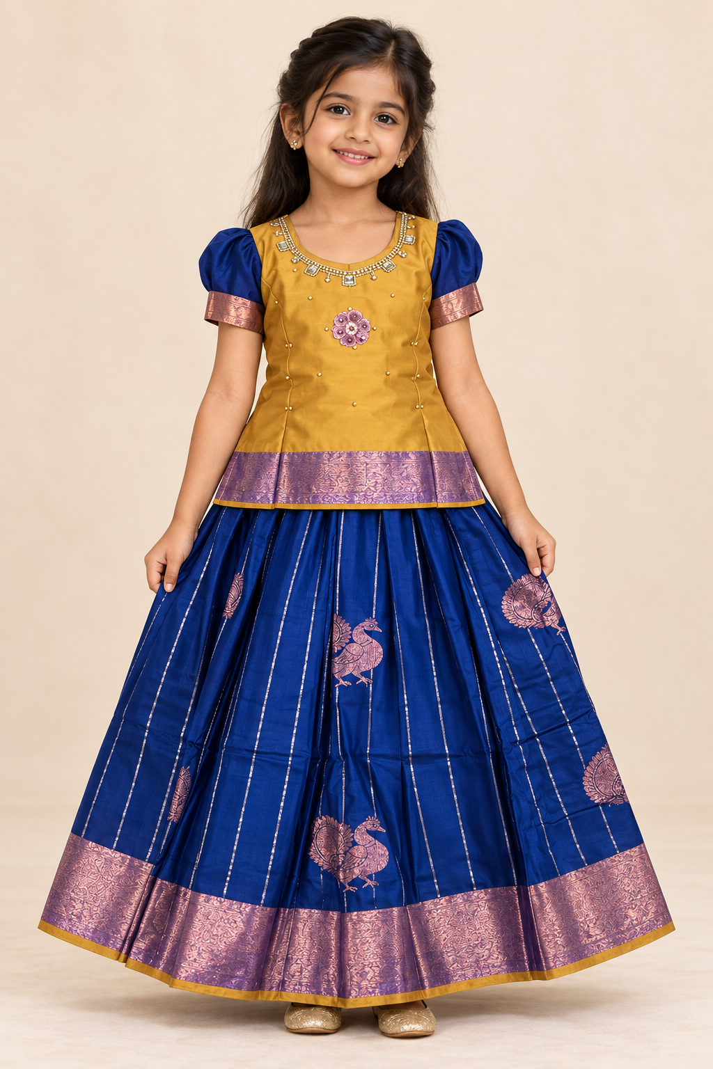 Blue and Golden Yellow Pattu Pavadai / Lehenga - Girls Ethnic Wear