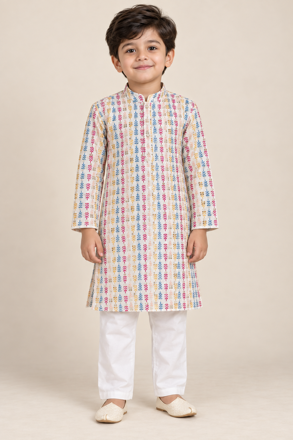 White Embroidered Sequin Work Kurta with White Pant -  Boys Ethnic Wear