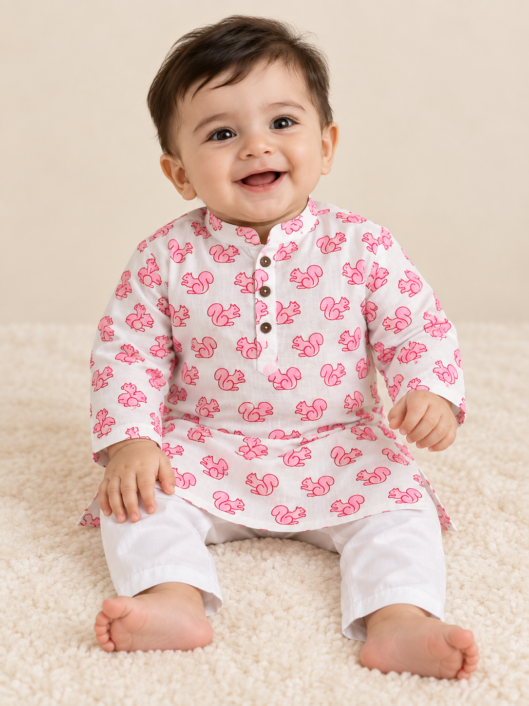 White Squirrel Printed Cotton Kurta and White Pants -  Boys Ethnic Wear