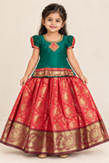 Green and Red Pattu Pavadai / Lehenga - Girls Ethnic Wear
