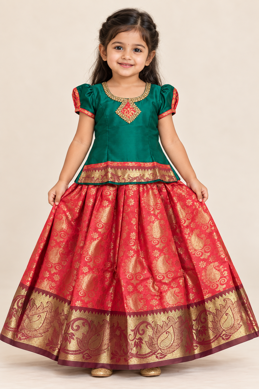 Green and Red Pattu Pavadai / Lehenga - Girls Ethnic Wear