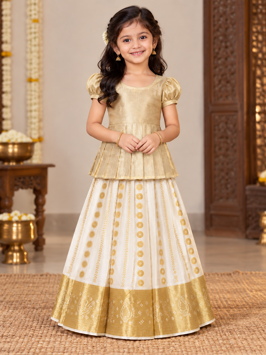 White and Gold Onam Pavadai / Lehenga - Girls Ethnic Wear