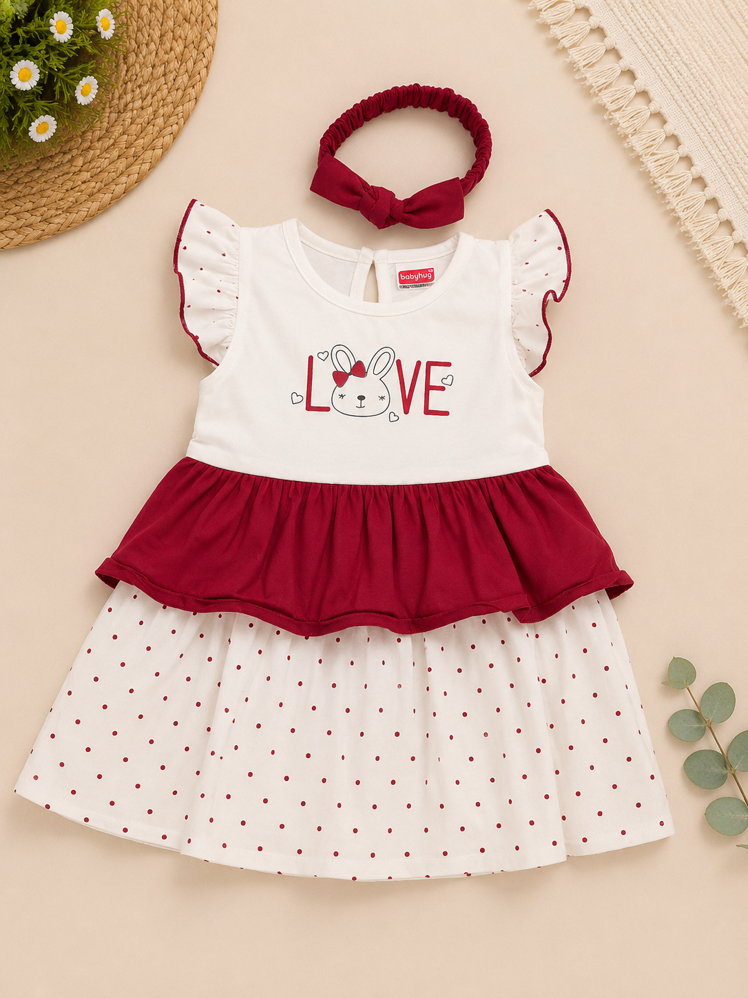 White and Red Layered Dress with Headband