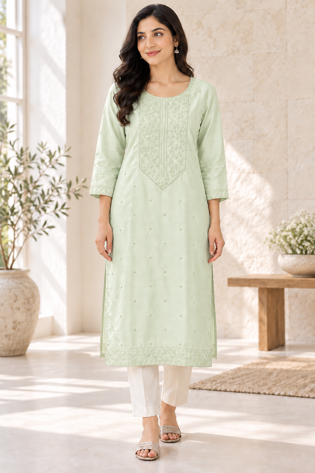 Pale Green Sequin Embroidered Raw Silk Kurti