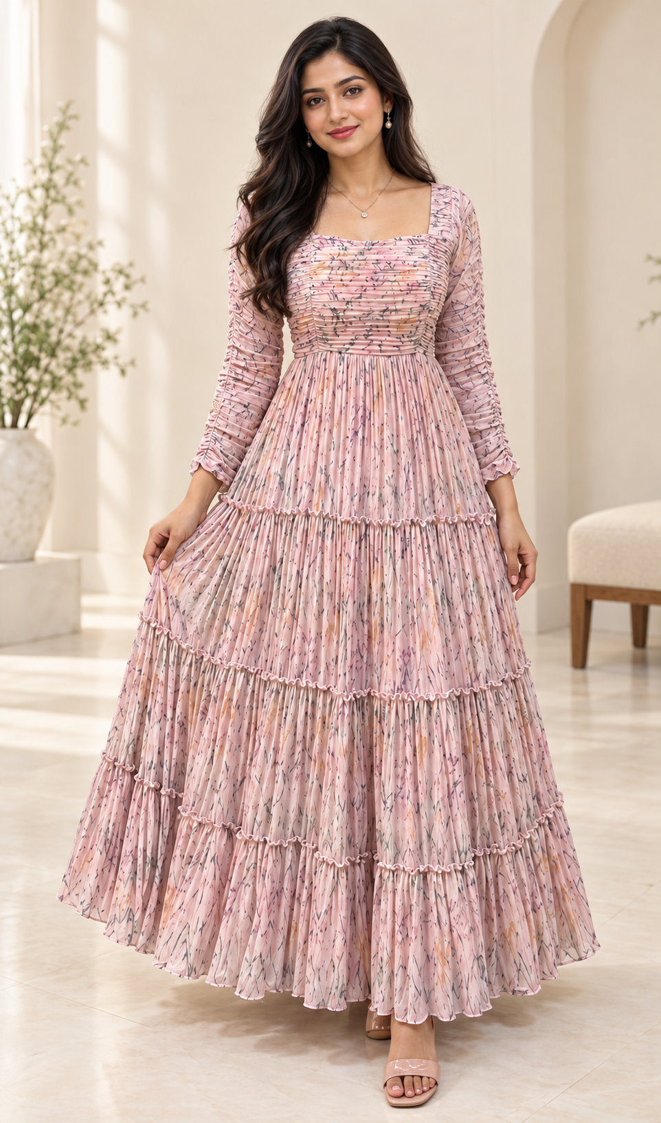 Pastel Pink Three Tiered Heavy Flared Maxi