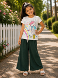 White Printed T-Shirt and Dark Green Palazzo Pants