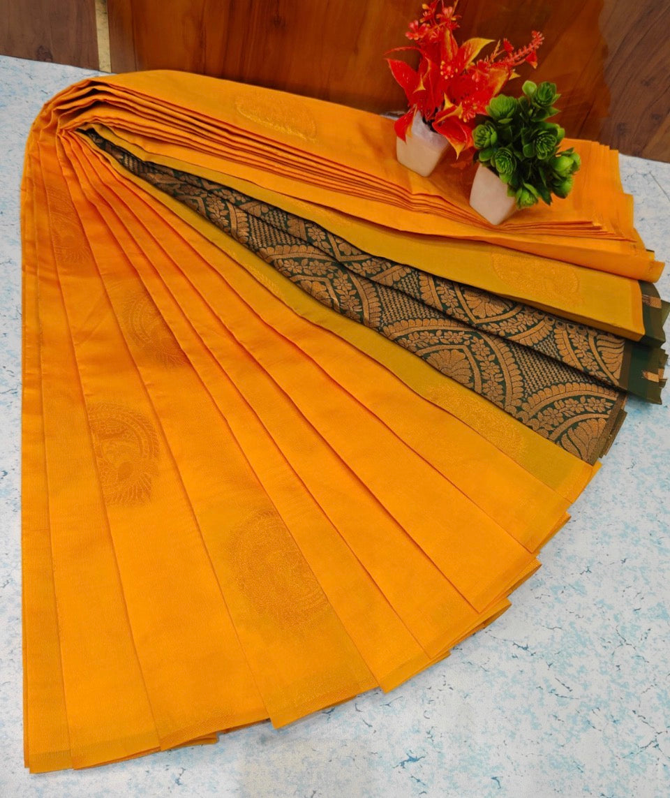 Yellow and Green Softy Silk Borderless Saree