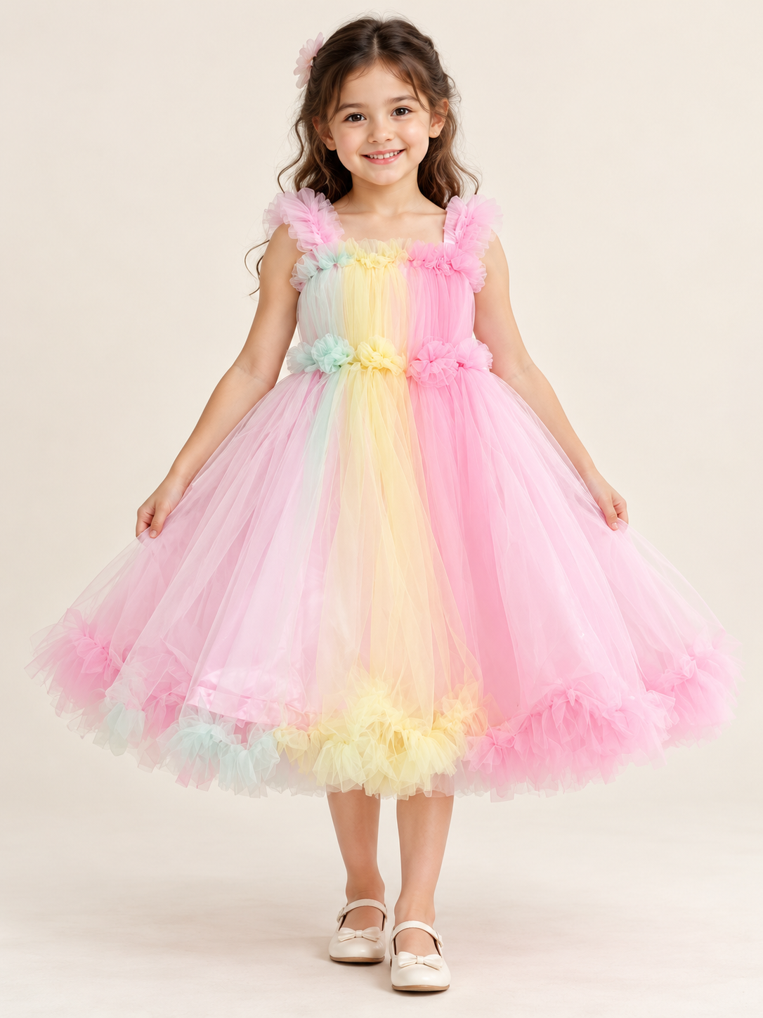 Beautiful Pastel Shades Heavy Frilled and Flared Girls Party Wear Dress