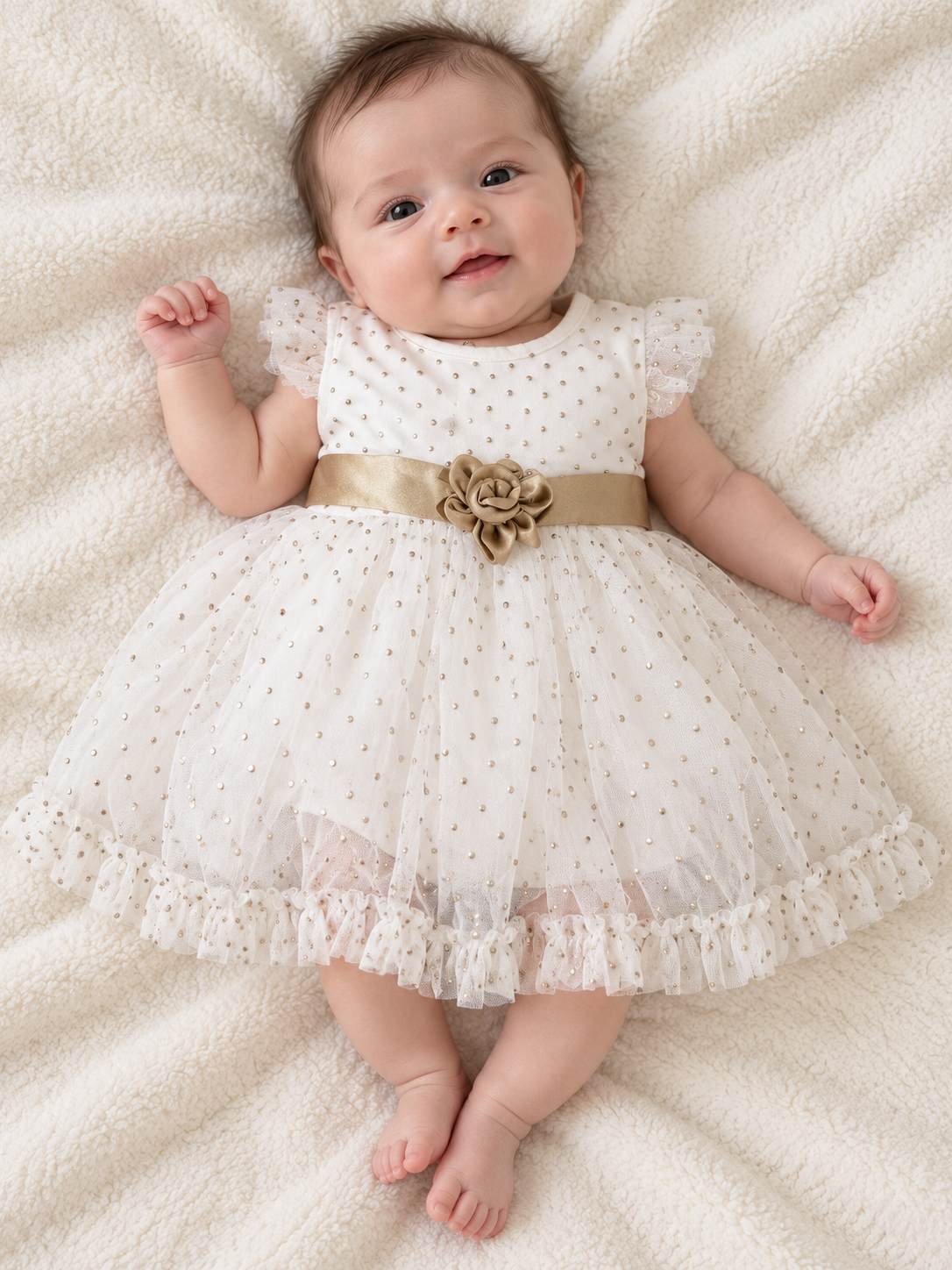 White with Gold Polka Dots Party Dress
