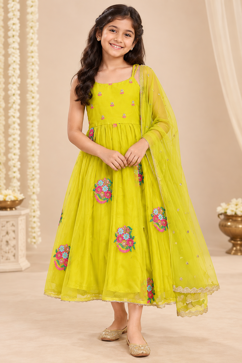 Lime Green Gown With Netted Shawl - Girls Ethnic Wear