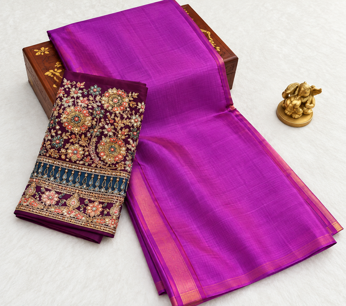 Deep Purple Raw Silk Saree with Unstitched Contrast Embroidered Blouse