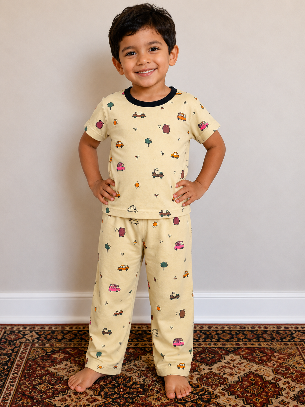 Beige Car Themed Unisex PJ Set
