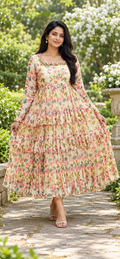 Yellow Floral Flared Maxi with Frilled Neck Pattern