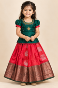 Red and Green Pattu Pavadai / Lehenga - Girls Ethnic Wear