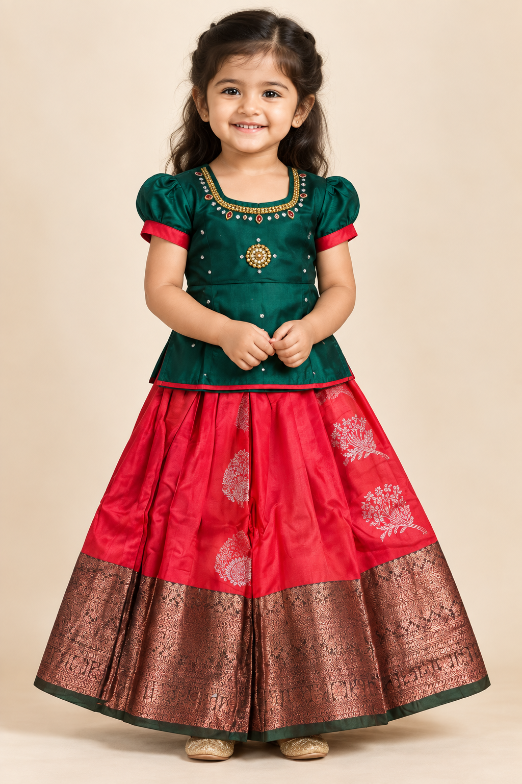 Red and Green Pattu Pavadai / Lehenga - Girls Ethnic Wear