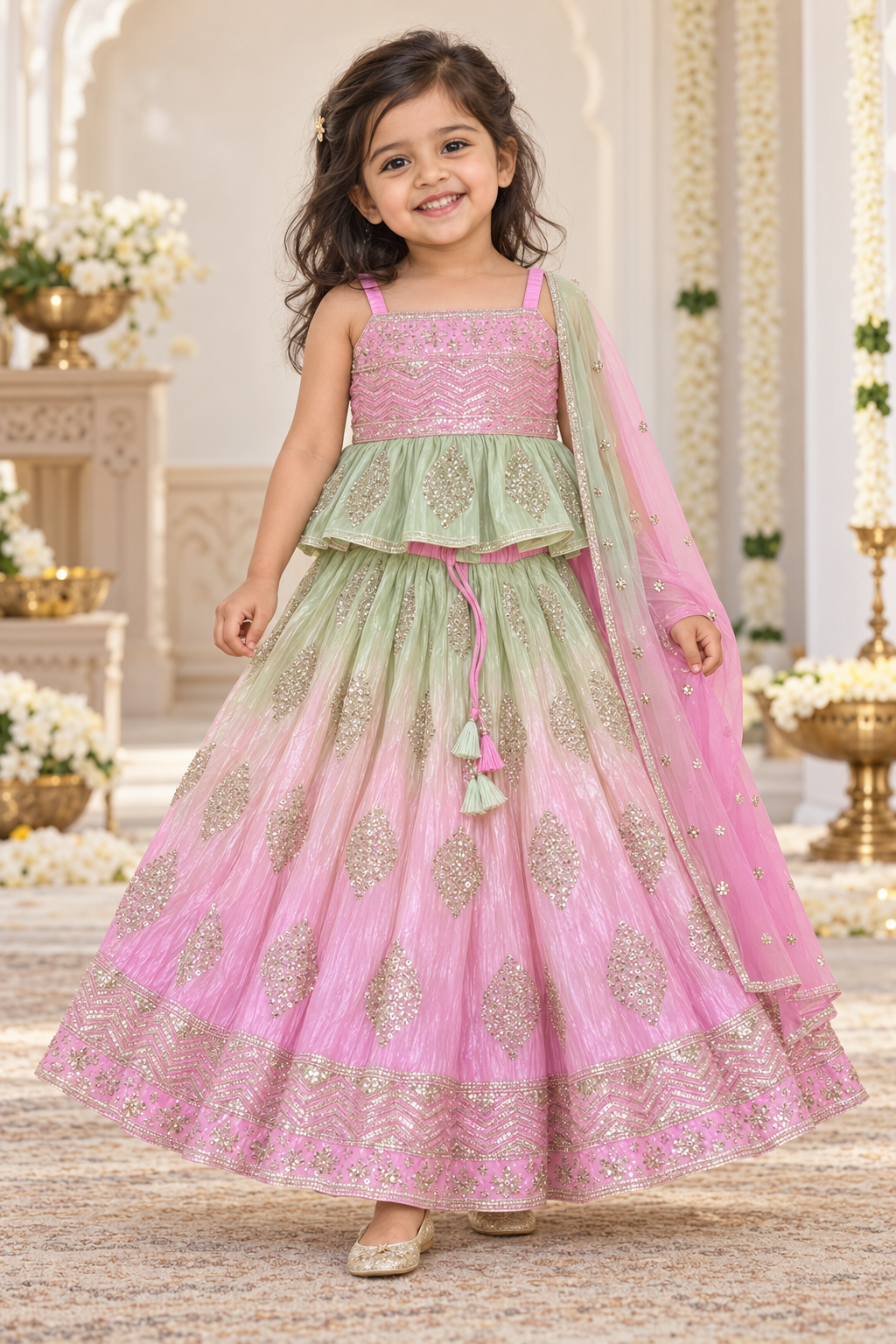 Pastel Green and Pink Printed Heavy Lehenga with Shawl - Girls Ethnic Wear