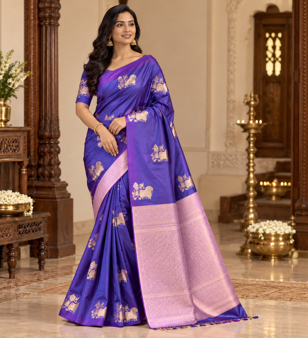 Peacock Blue Dual Shade Premium Kanchipuram Silk Saree with Pichwai Design