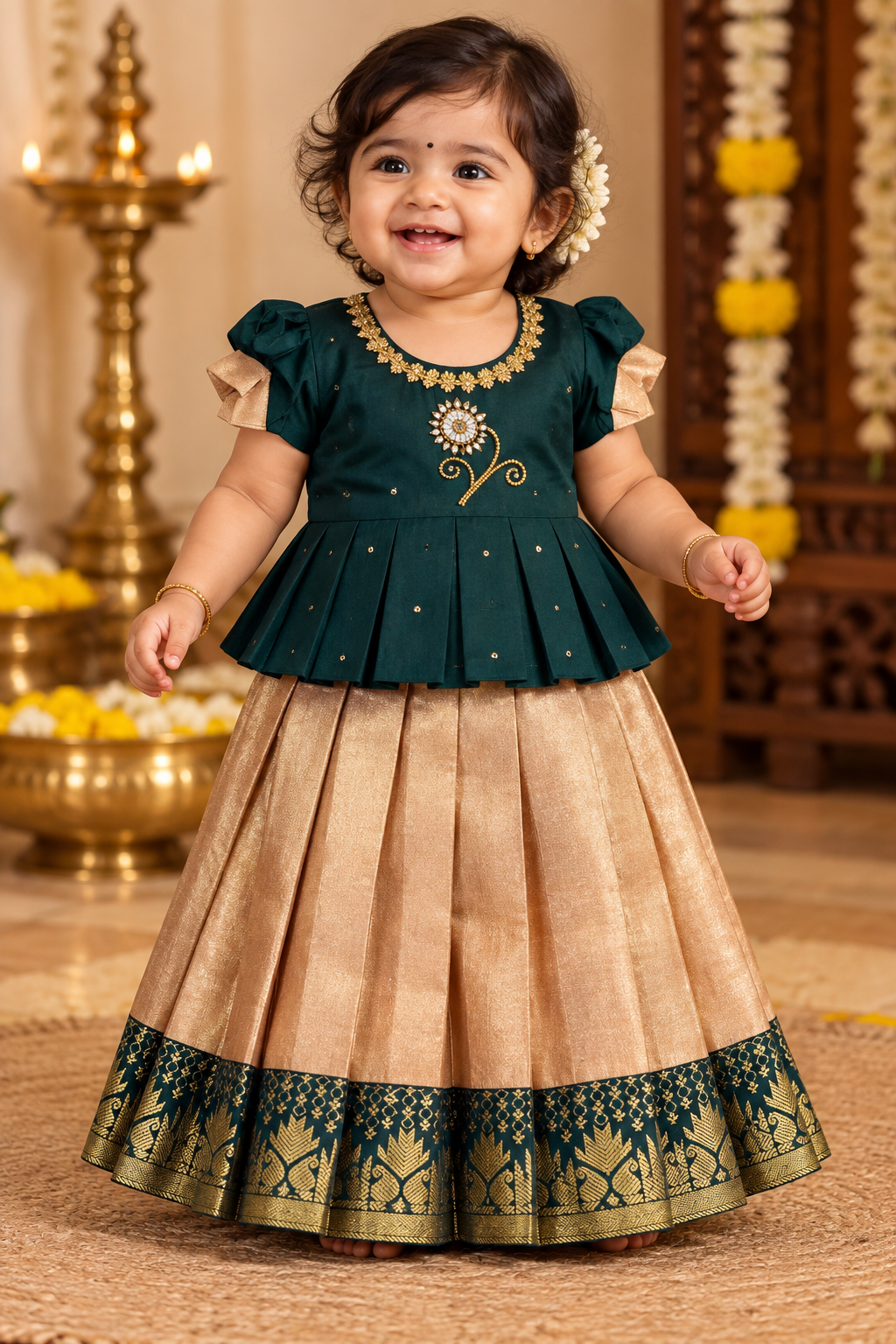 Green and Pale Gold Tissue Pavadai / Lehenga - Girls Ethnic Wear