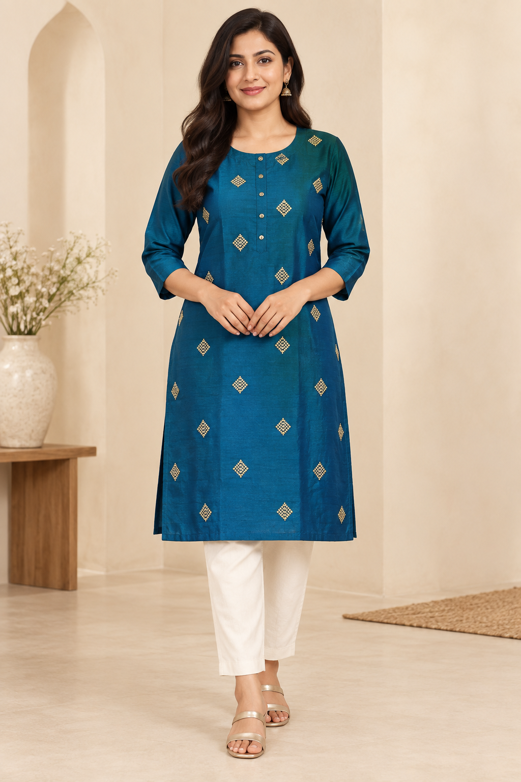 Teal Raw Silk Kurti (Pant not Included)