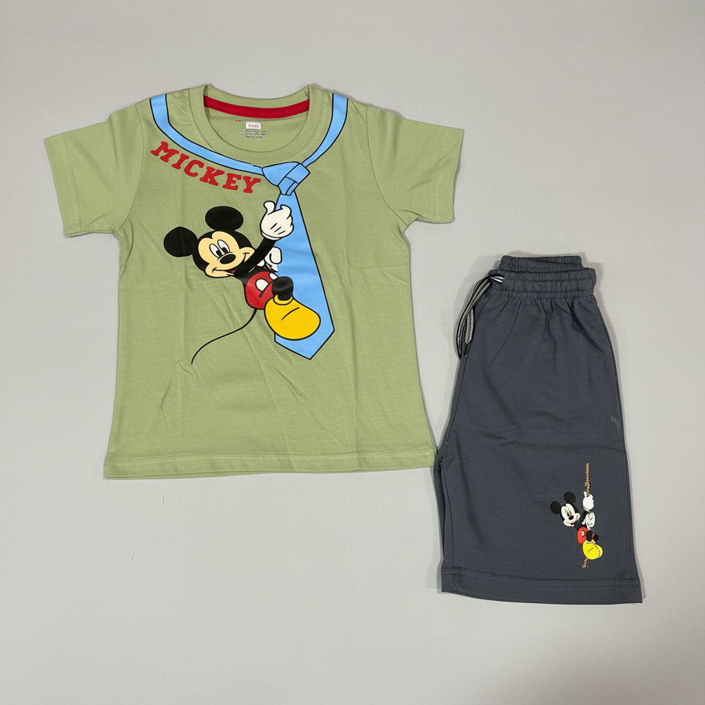 Green Character Print T-Shirt and Grey Shorts