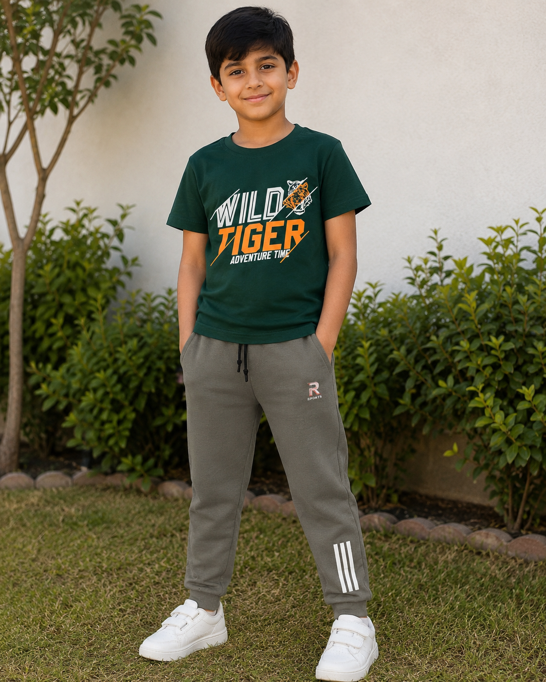Green Printed T-Shirt and Grey Pants