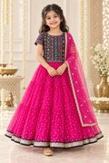 Black Embroidered Top with Pink Lehenga and Shawl - Girls Ethnic Wear