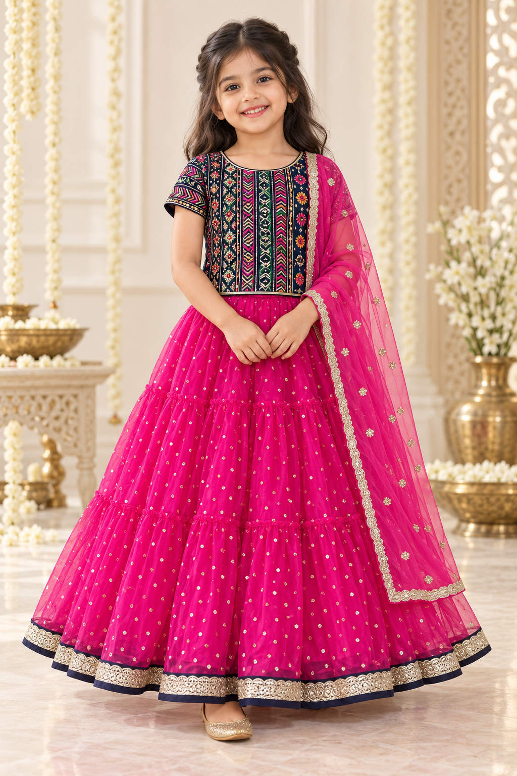 Black Embroidered Top with Pink Lehenga and Shawl - Girls Ethnic Wear