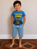 Blue Printed Slim Fit T-Shirt with Striped Shorts