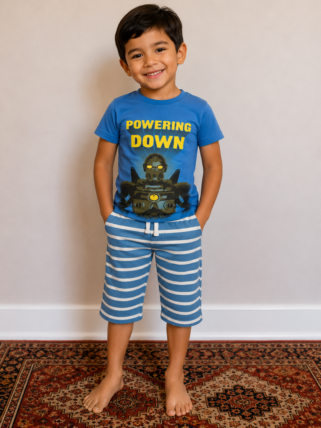 Blue Printed Slim Fit T-Shirt with Striped Shorts