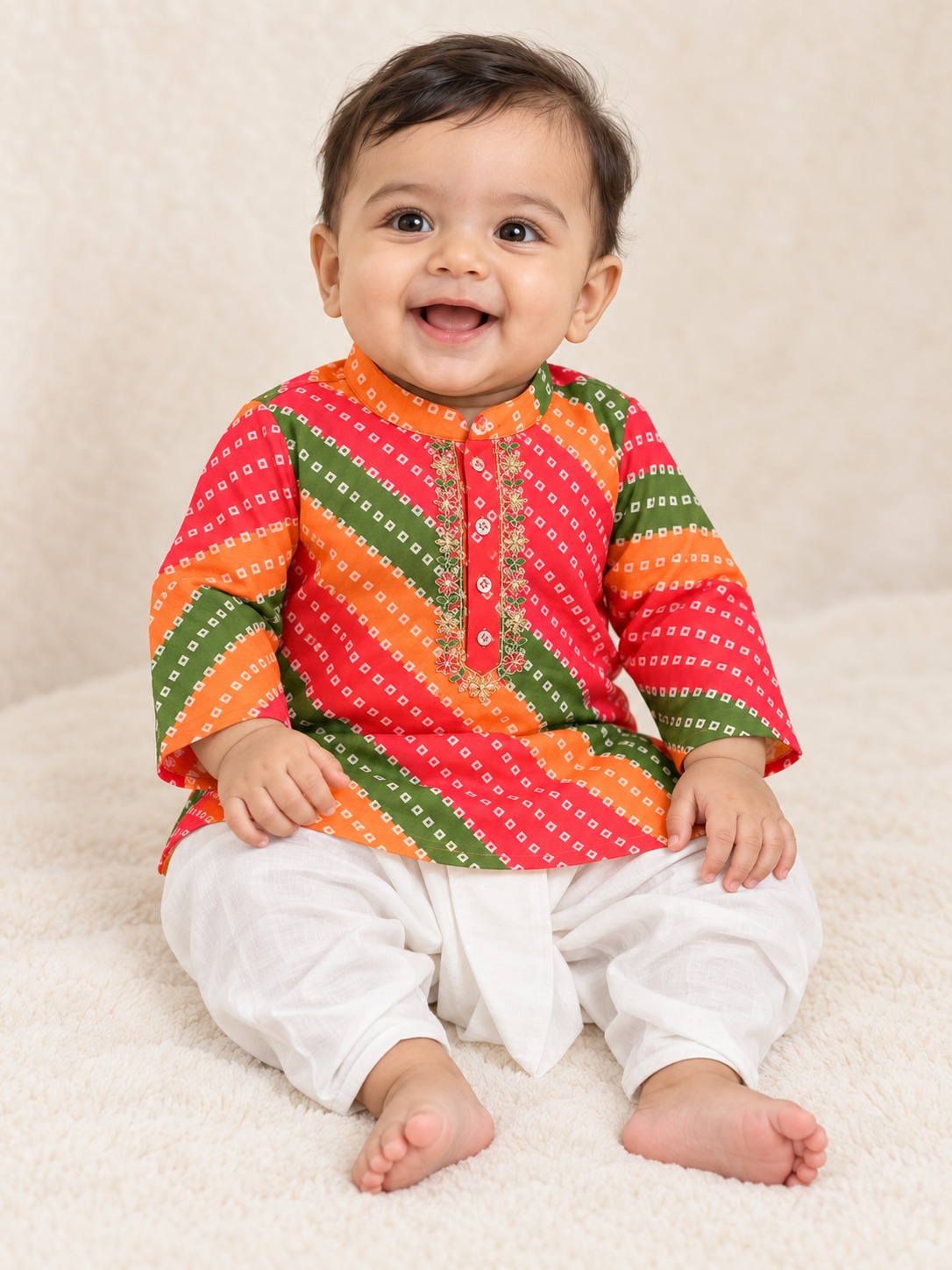 Orange Striped Chiffon Kurta with White Dhoti Type Pants -  Boys Ethnic Wear