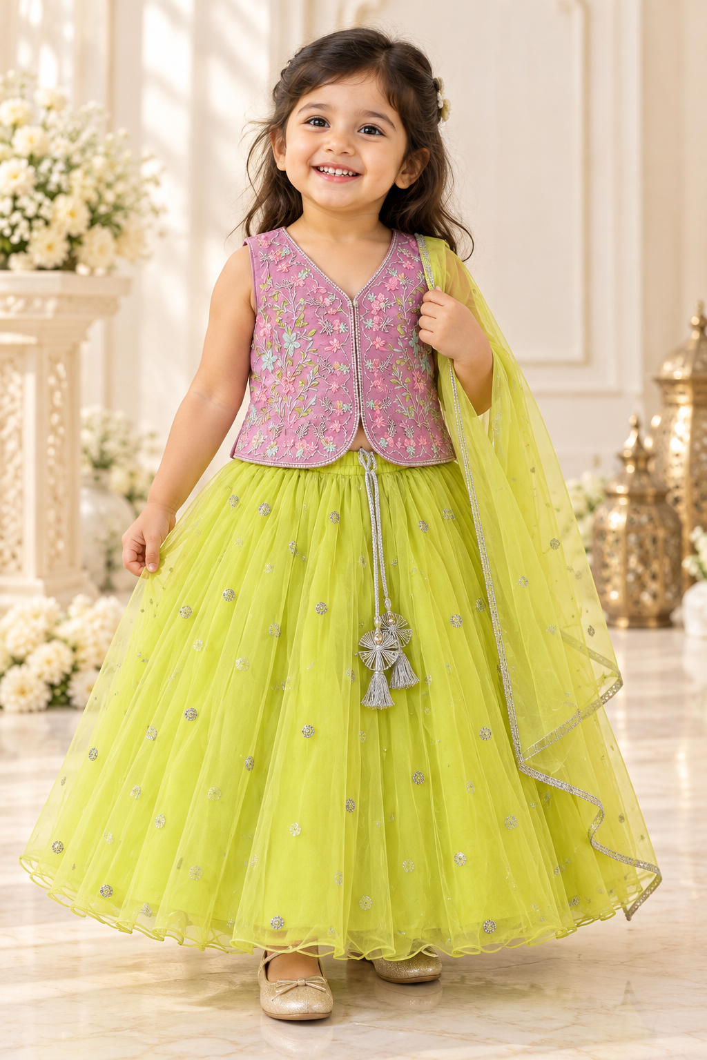 Pink Embroidered Top with Lime Green Lehenga and Shawl - Girls Ethnic Wear