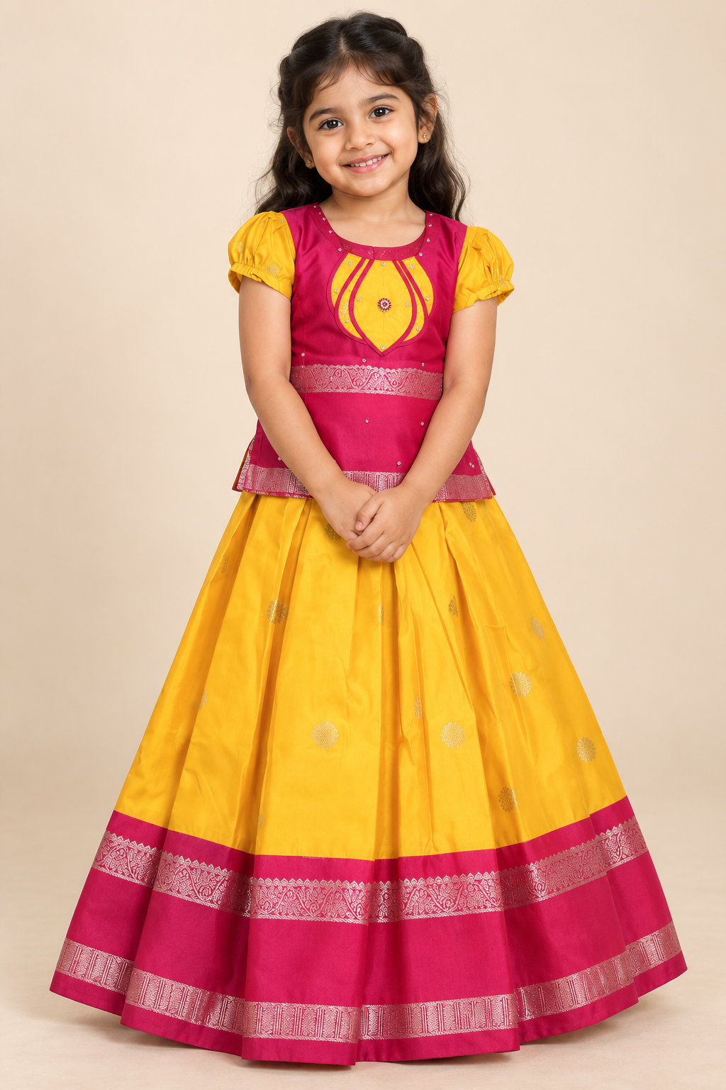 Yellow and Pink Ethnic wear - Lehenga / Pavadai