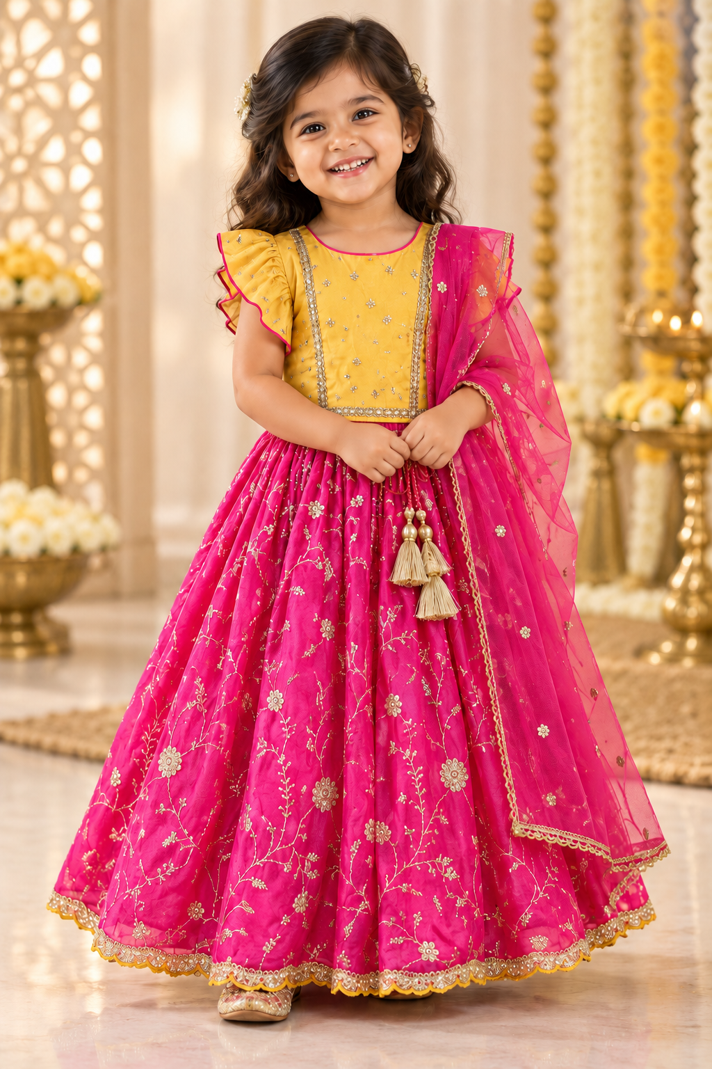 Golden Yellow and Pink Embroidered Lehenga with Shawl