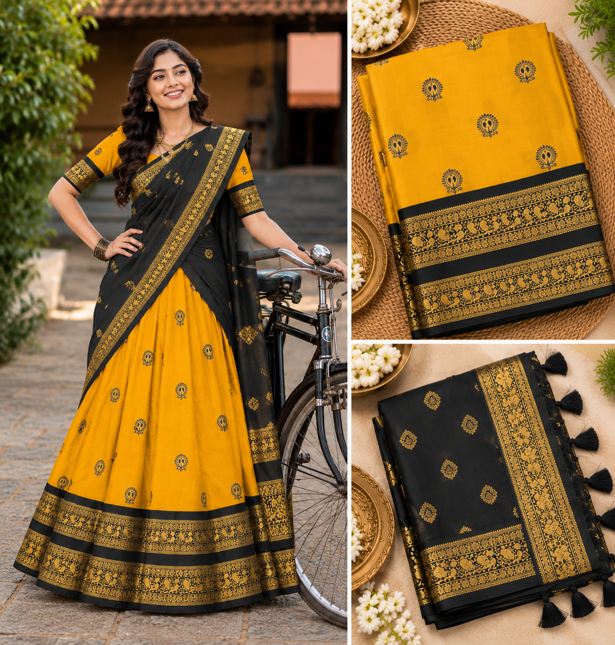 Yellow and Black Half Saree / Lehenga Unstitched Material