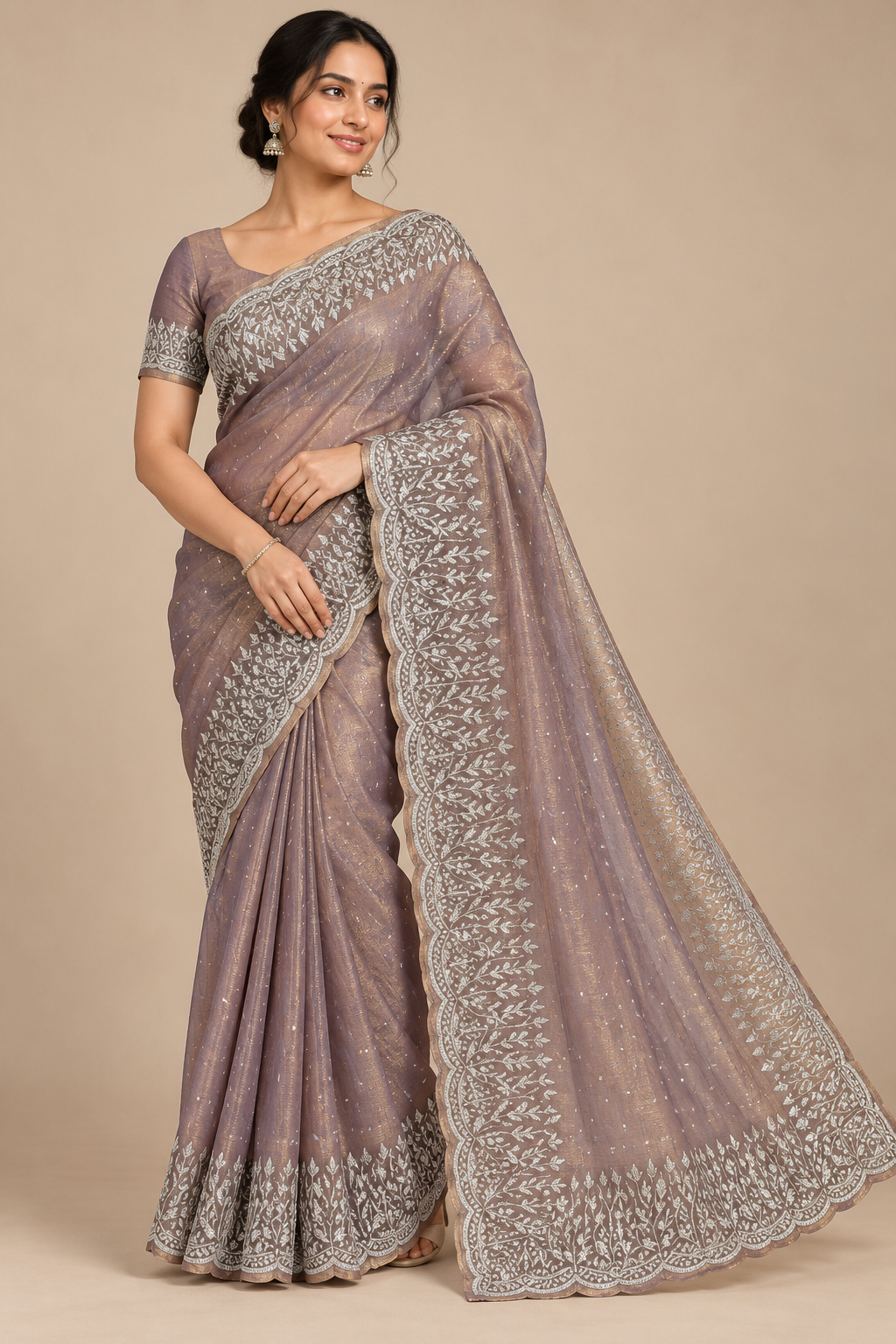 Rose Gold Heavy Embroidered Saree with Stone Work