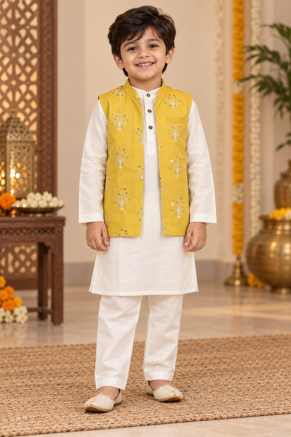 White Boys Ethnic Wear Set with White Pant - Boys Ethnic Wear