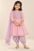 Pink and Lavender Girls Top, Pant and Shawl - Girls Ethnic Wear