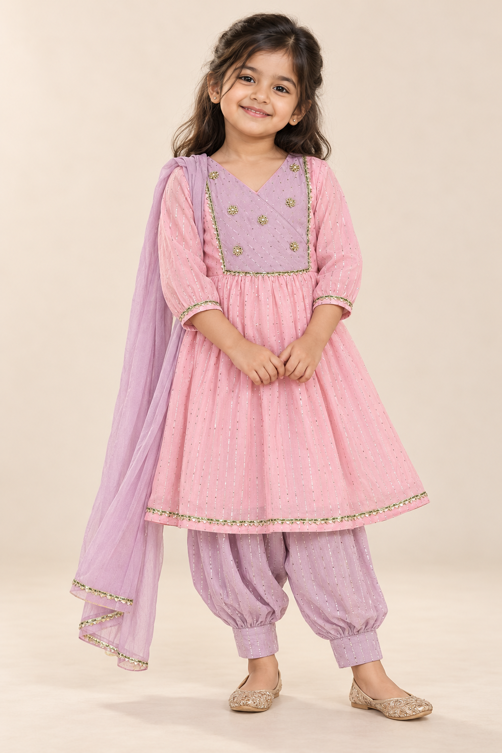 Pink and Lavender Girls Top, Pant and Shawl - Girls Ethnic Wear