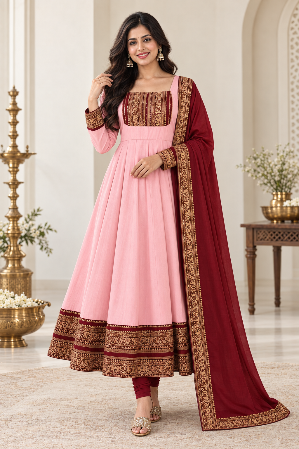 Pale Pink and Maroon Heavy Bordered Maxi with Maroon Shawl (Pant not included)