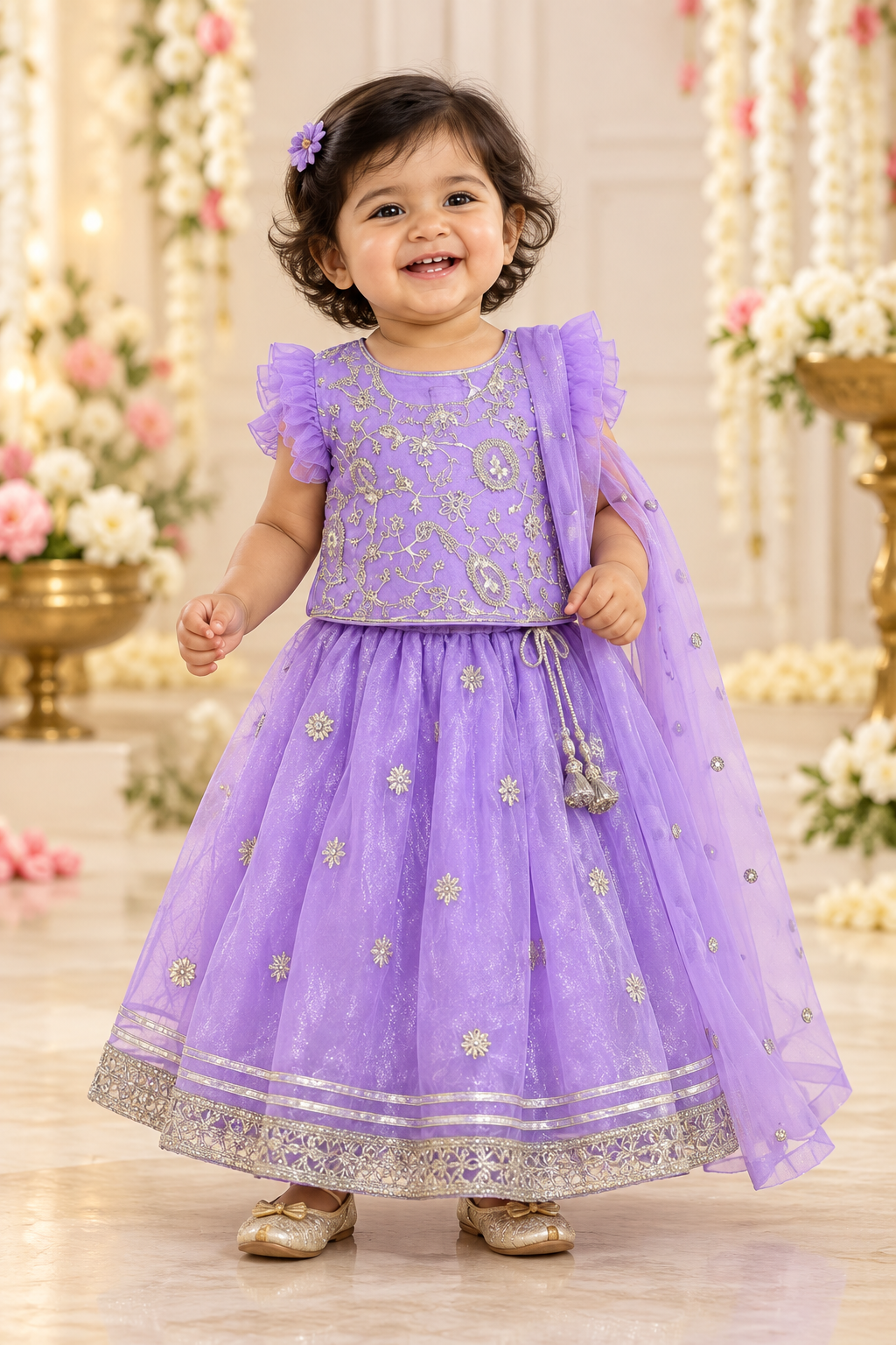Lavender Embroidered Lehenga with Shawl - Girls Ethnic Wear