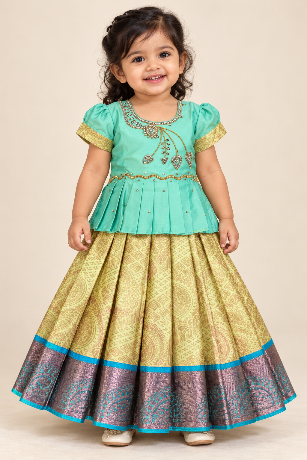 Green Stone - Work Pavadai / Lehenga - Girls Ethnic Wear