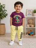 Maroon Printed T-Shirt with Pastel Yellow Joggers