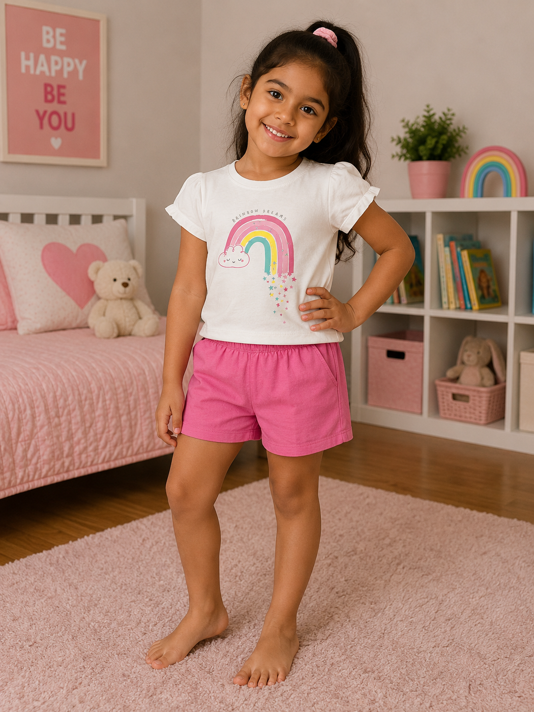White Printed T-Shirt and Pink Shorts Set