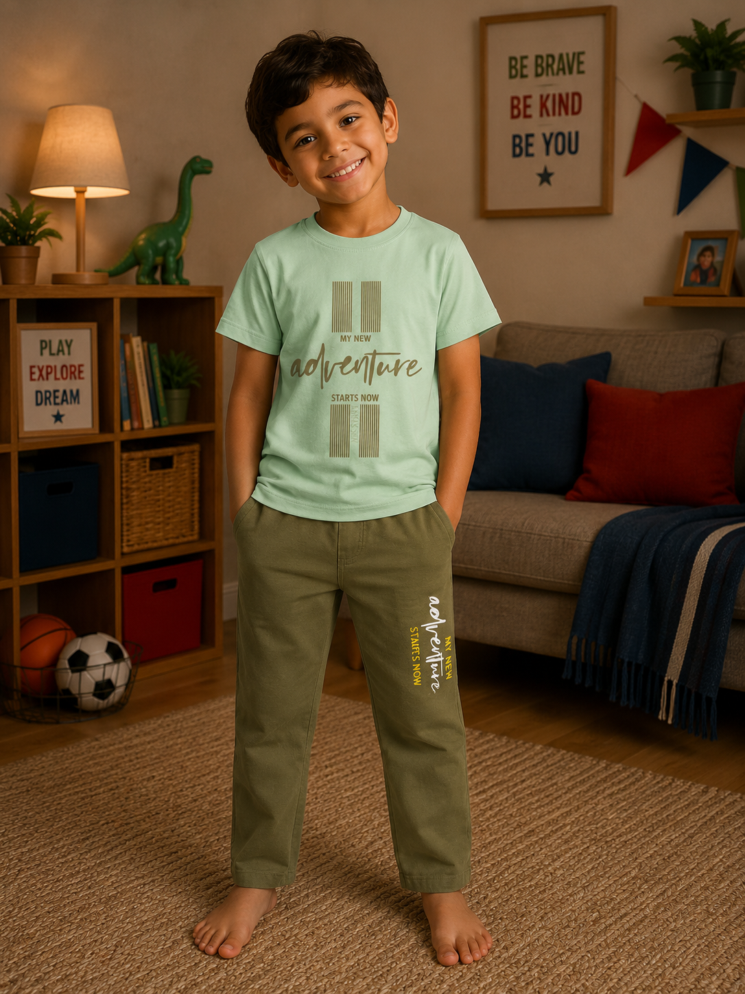 Pastel Green Printed T-Shirt and Olive Green Pant Set
