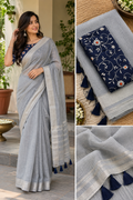 Grey Fancy Saree with Unstitched Contrast Embroidered Blouse