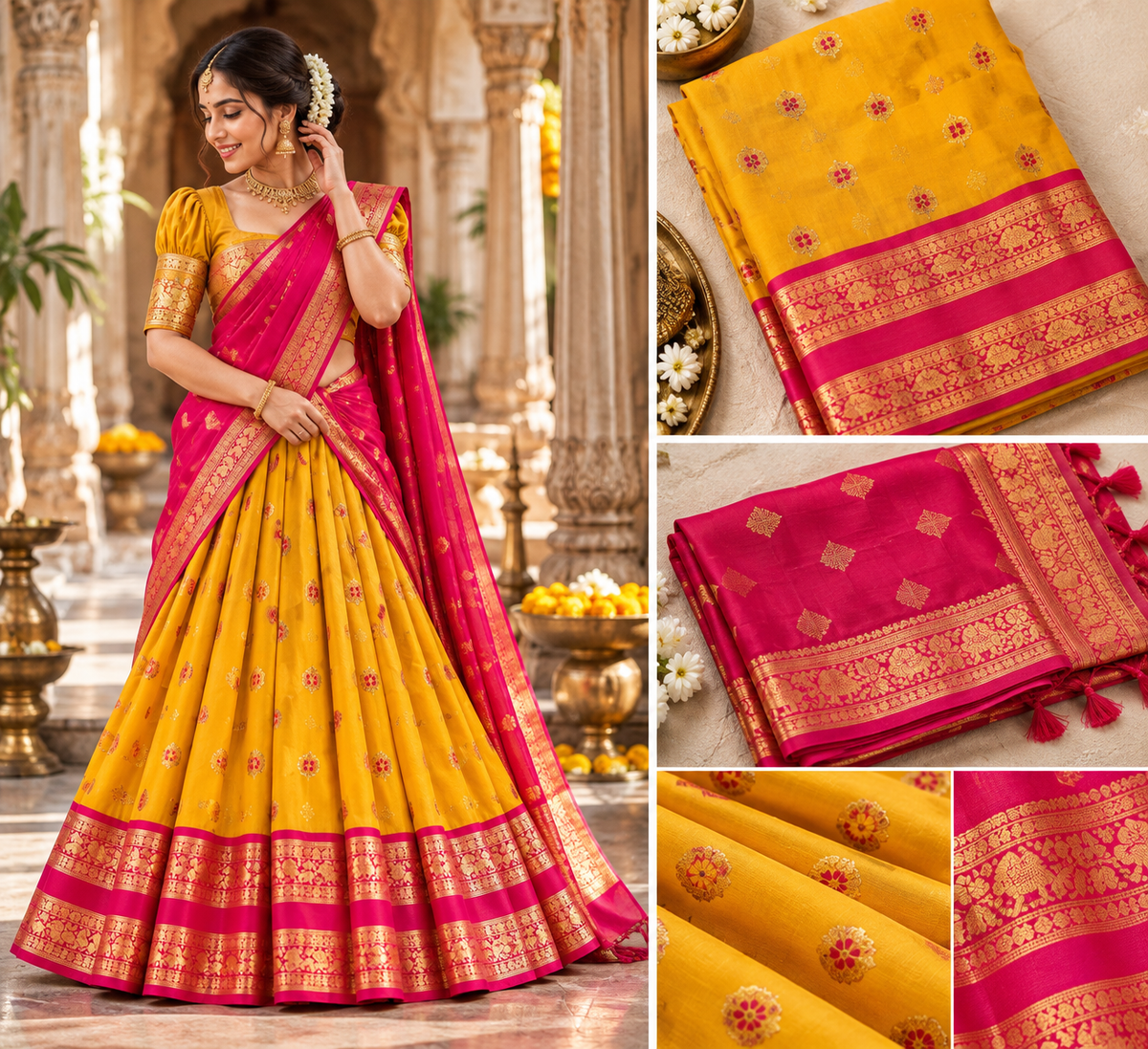 Yellow and Red Unstitched Lehenga / Half Saree Material