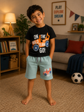Black Printed T-Shirt with Pastel Blue Shorts