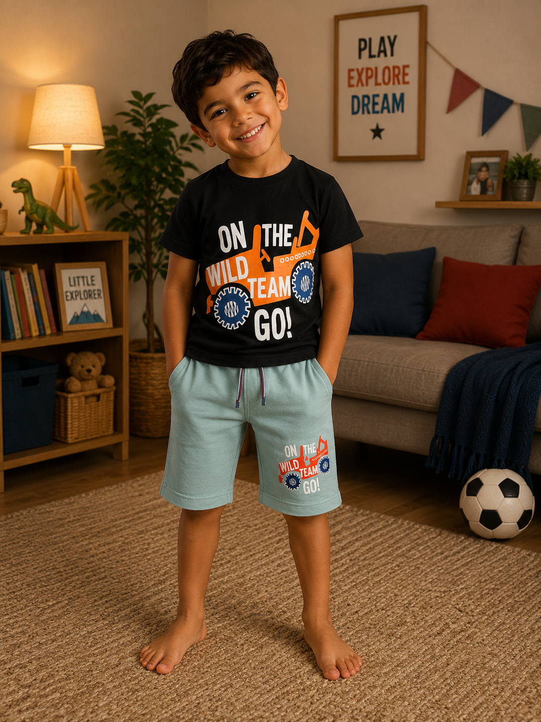 Black Printed T-Shirt with Pastel Blue Shorts