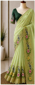 Pistachio Green Fancy Embroidered Saree with Heavy Work Border and Unstitched Contrast Blouse
